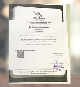 Uttarakhand Tourism Registration Certificate of Chardham Tour